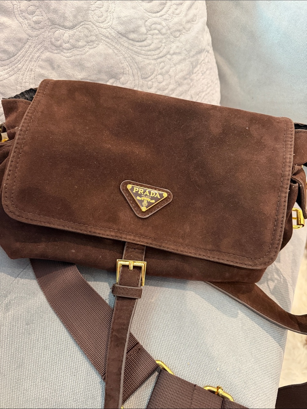 Prada Brown Suede Messenger Bag with Gold Hardware